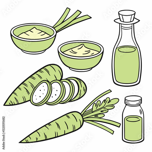 Illustration of Mooli Preparation with Condiments and Preserved Ingredients