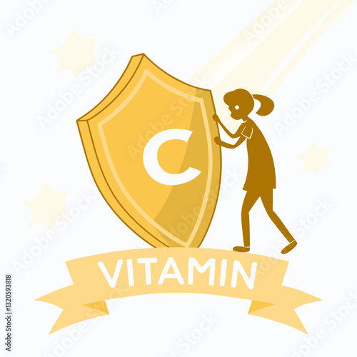 Cartoon illustration of a girl holding shield with Vitamin C for health