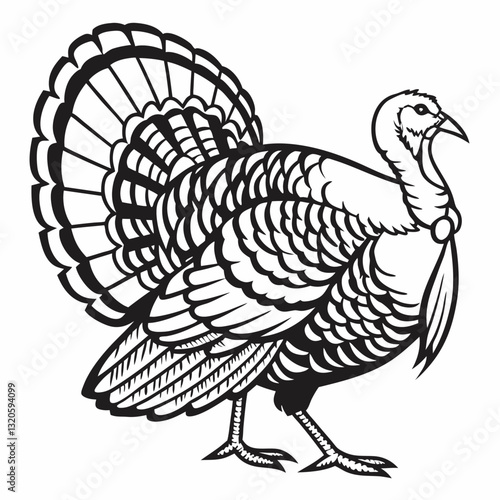 Stylized monochromatic turkey illustration with intricate feather details