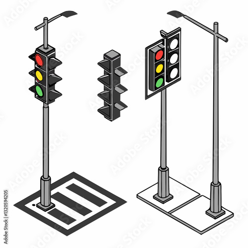 Isometric road crossing with traffic light and streetlight design illustration