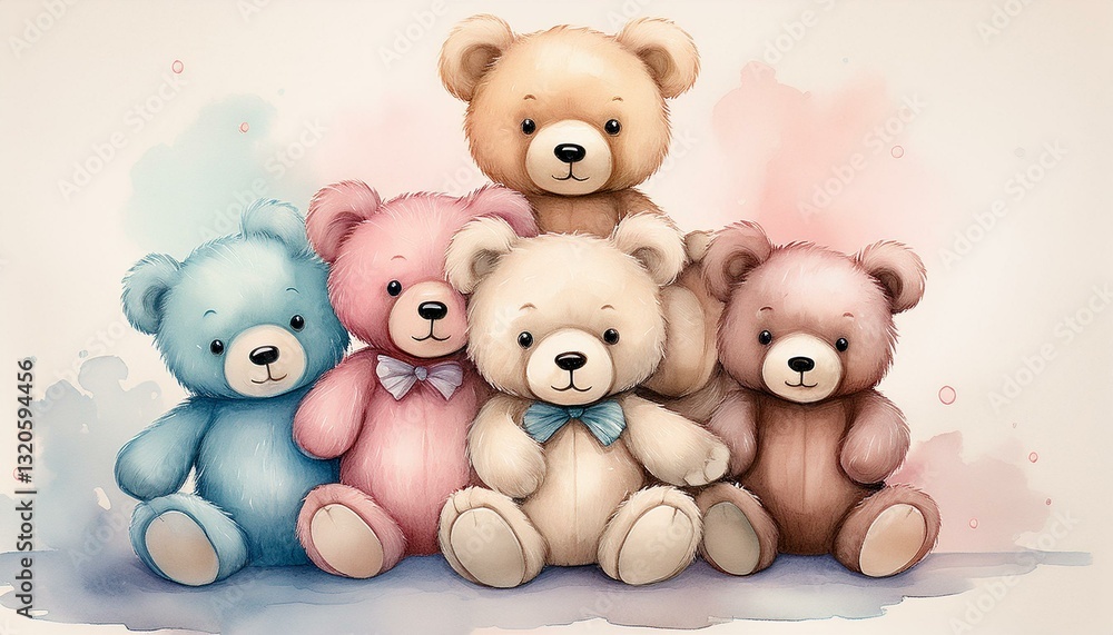 Obraz premium adorable watercolor illustration of six pastel teddy bears stacked together