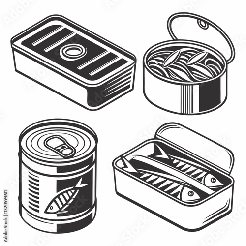 Monochrome illustration showcasing various stylized canned fish selections