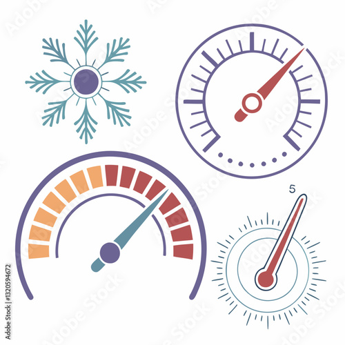 Stylized set of Temperature and Speedometer icons with a winter theme
