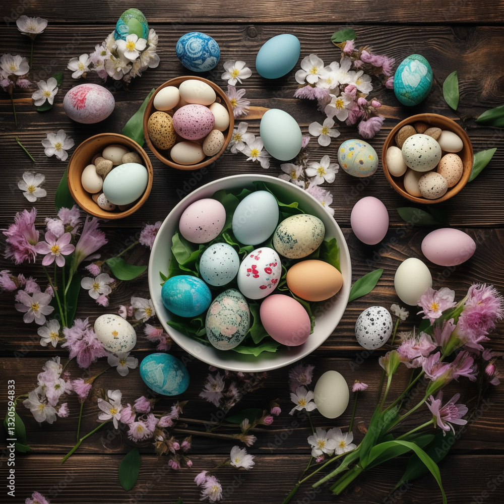 Colorful Easter Eggs with Intricate Designs and Spring Flowers Colorful Easter Eggs with Intricate Designs and Spring Flowers