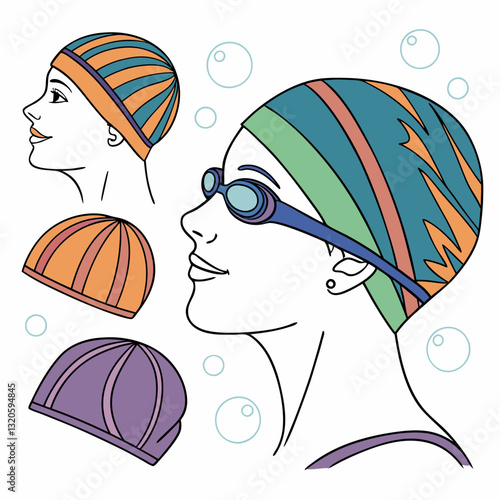 Swimmers, caps and goggles in simple linear style, stylized aquatic theme