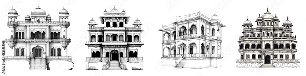 Naklejka premium Ornate and Majestic Rajasthani Palaces Showcasing the Grandeur of Mughal Architecture and the Lavish Opulence of Royal Dynasties in India These Historic Landmarks feature Intricate Designs