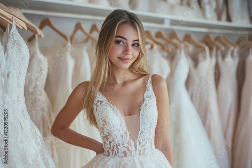 Beautiful woman choosing a wedding dress in a wedding dress shop photo