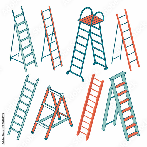Collection of various stylized ladders, isolated on white background illustration
