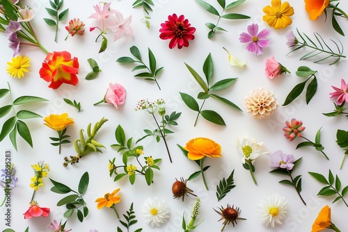 Flat lay with variety flowers and leaves on a white background. AI generative