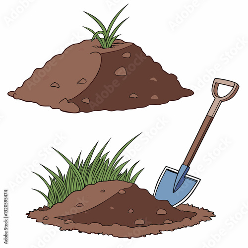 Illustrative Gardening Scene with Soil Mounds, Grass Sprouts, and Shovel