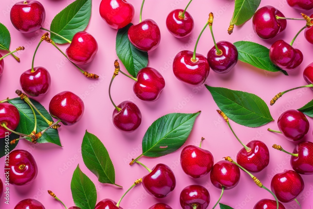Fresh cherries pattern on pink background, top view. AI generative Fresh cherries pattern on pink background, top view. AI generative