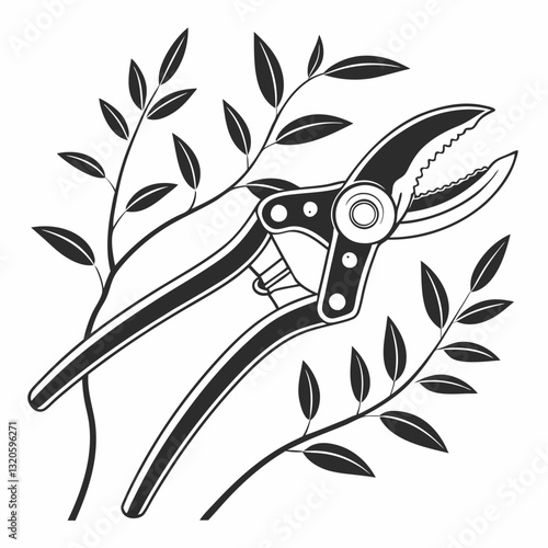 Monochrome illustration featuring garden pruners with leaves graphic element