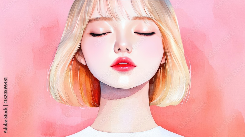 Digital watercolor painting abstract background concept. A serene portrait of a young woman with blonde hair and a calm expression. Digital watercolor painting abstract background concept. A serene portrait of a young woman with blonde hair and a calm expression.