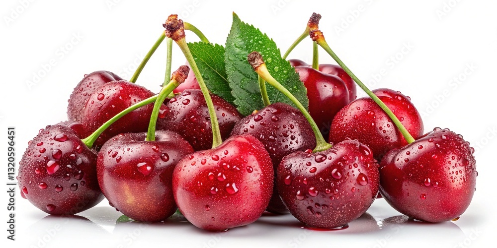 Fresh Red Cherries with Water Droplets - A close-up of fresh, ripe red cherries covered in water droplets, arranged with green leaves on a white background. Fresh Red Cherries with Water Droplets - A close-up of fresh, ripe red cherries covered in water droplets, arranged with green leaves on a white background.