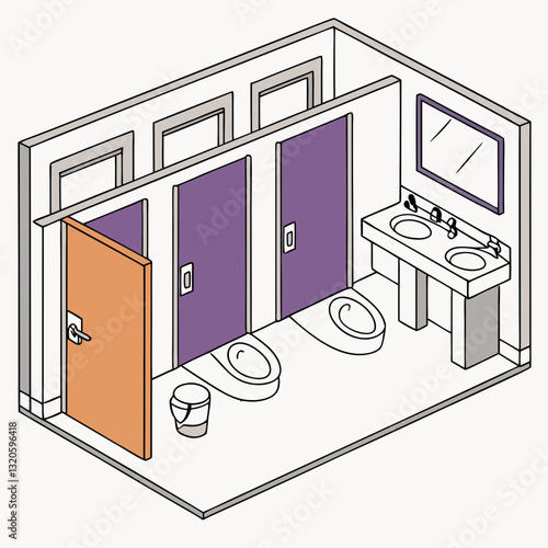 Isometric interior illustration of a public restroom, showing bathroom stalls