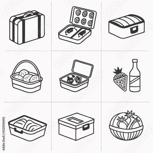 Collection of Black and White Line Art Icons Representing Various Storage Solutions