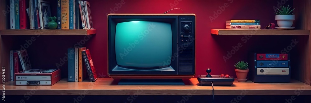 Isometric retro gaming console with CRT TV, joystick, and cartridges on a vintage wooden shelf, joystick, console Isometric retro gaming console with CRT TV, joystick, and cartridges on a vintage wooden shelf, joystick, console