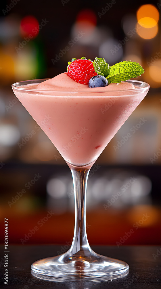 Berry smoothie in a cocktail glass with fresh fruit garnish Berry smoothie in a cocktail glass with fresh fruit garnish