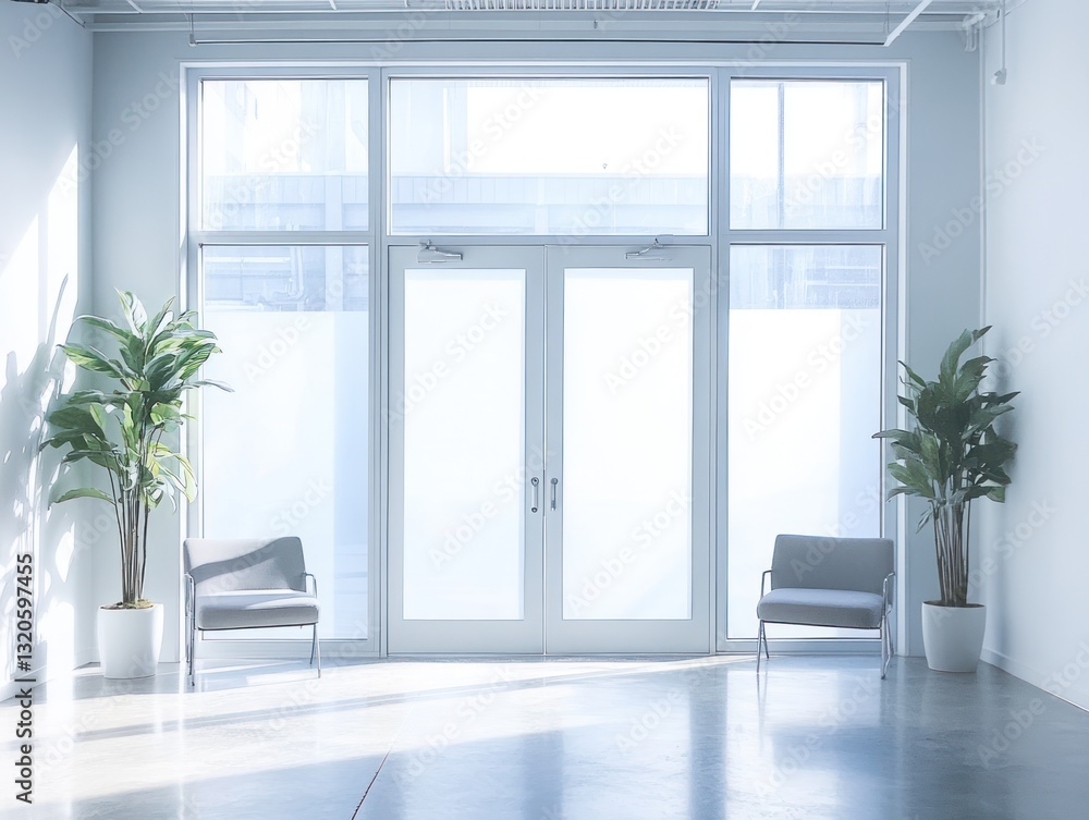Fototapeta premium Bright modern office lobby, glass doors, sunlight, plants, waiting area, interior design