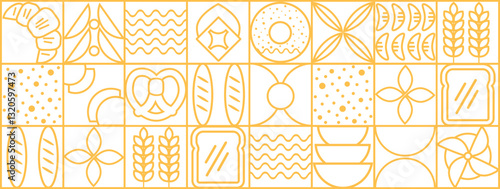 Abstract bakery menu background with line drawing. Geometric pattern bread, croissant, donut. Bakery line pattern.