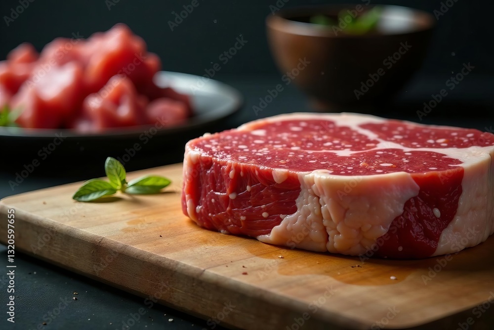 Juicy raw steak on cutting board in butcher shop, beef, food Juicy raw steak on cutting board in butcher shop, beef, food