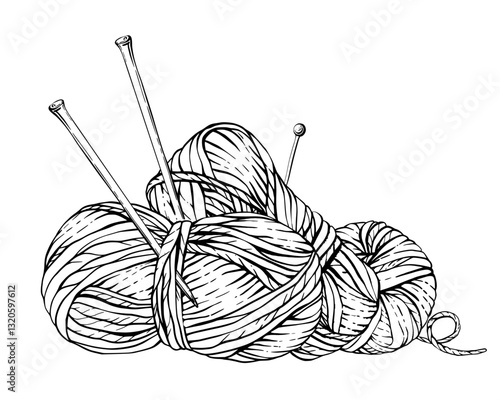 Skeins of knitting thread, balls of yarn with knitting needles and pins. Vector black line art hand drawing illustration. Hobby knitting composition for handmade product label isolated from background