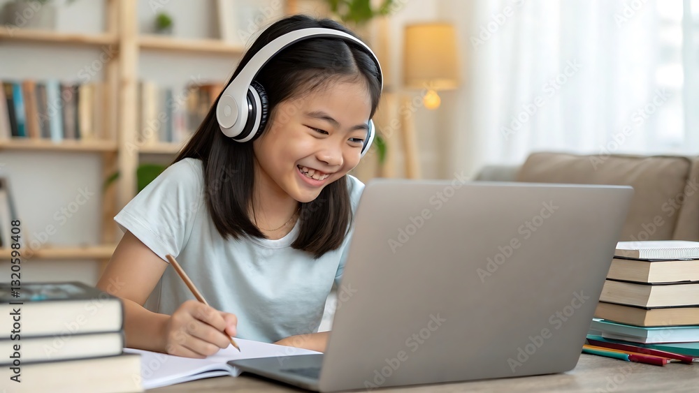 Digital Learning Delight: An Asian girl engrossed in her studies, wearing headphones and writing notes while engaging with her laptop Digital Learning Delight: An Asian girl engrossed in her studies, wearing headphones and writing notes while engaging with her laptop