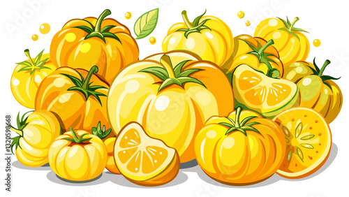 Beautiful yellow tomatoes arranged in a variety of sizes and shapes on a white background