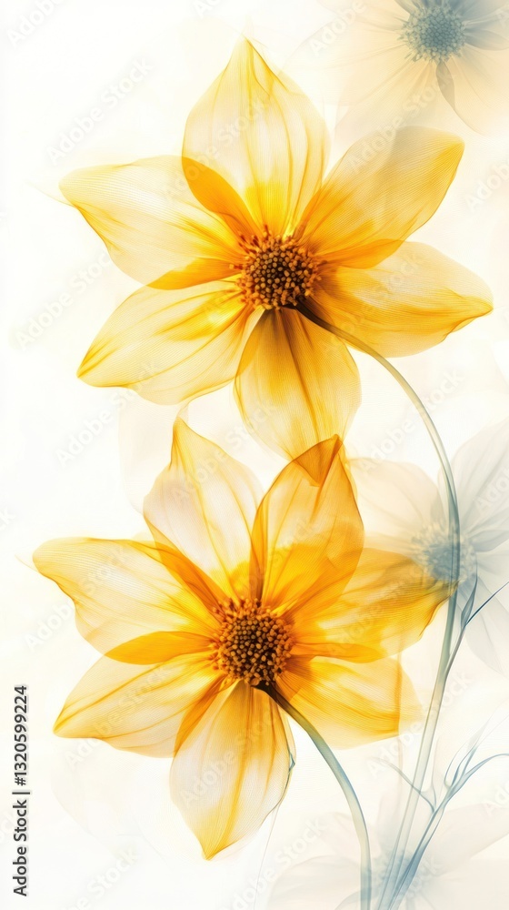 Two luminous yellow flowers are featured against a soft white background