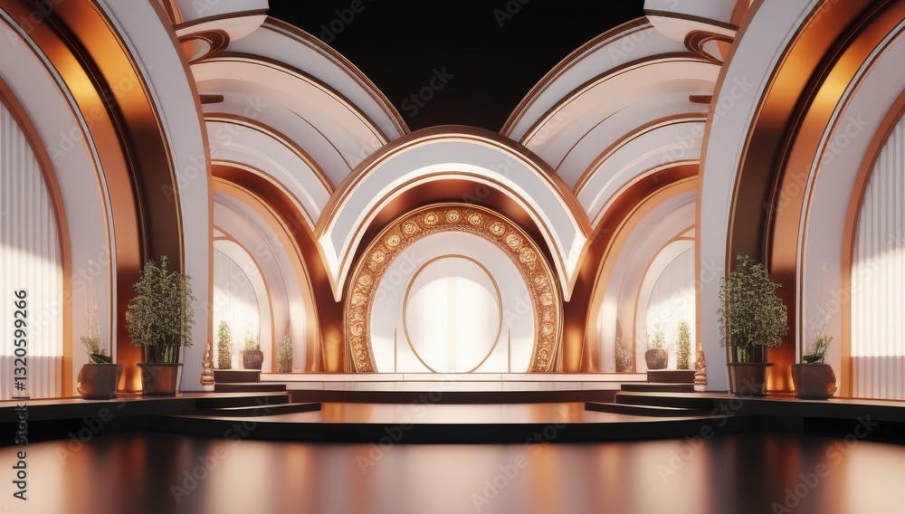 White golden ceremony award stage venue background.