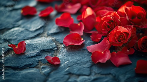 Bright red rose petals scattered on a dark stone surface evoke love, romance, and celebration for Valentine's Day.