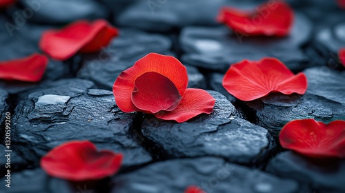 Bright red rose petals scattered on a dark stone surface evoke love, romance, and celebration for Valentine's Day.