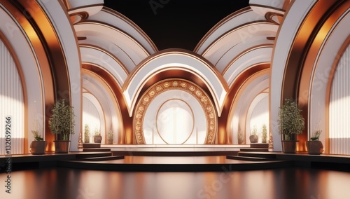 White golden ceremony award stage venue background.