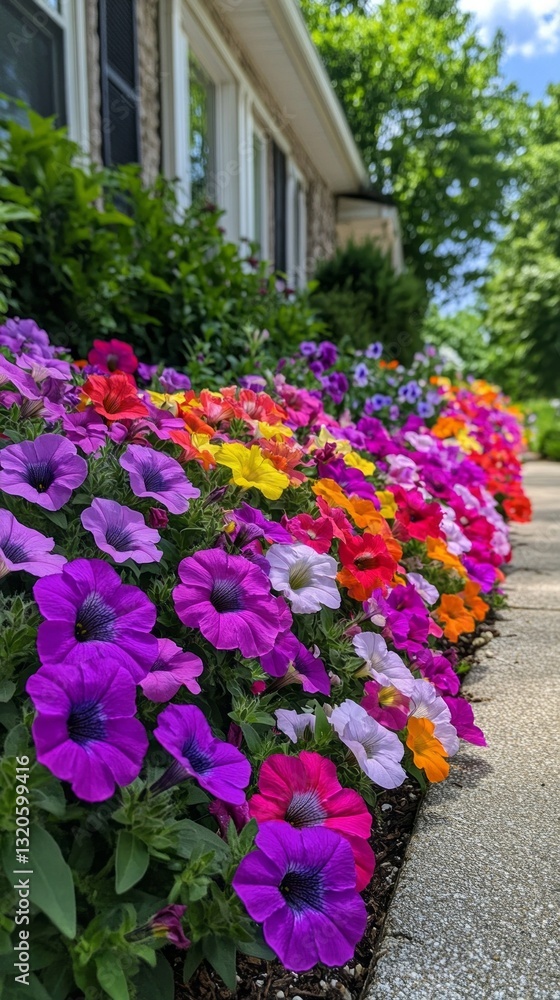 Lush garden filled with an array of blooming petunias displays bright colors of pink, purple, yellow, and orange under the clear blue sky, enhancing the neighborhood's charm Lush garden filled with an array of blooming petunias displays bright colors of pink, purple, yellow, and orange under the clear blue sky, enhancing the neighborhood's charm