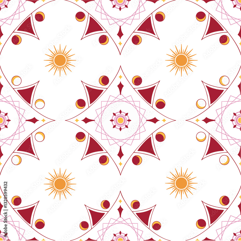 Fototapeta premium Seamless celestial pattern with sun, moon phases, and geometric elements in red, gold, and pink tones. Perfect for wallpapers, textiles, packaging, and decor.
