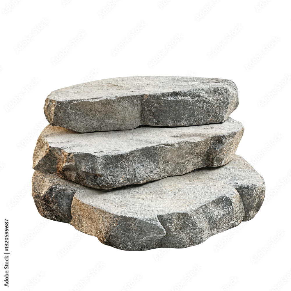 Three-tiered rock formation against a transparent background creating a natural and minimalist display platform Three-tiered rock formation against a transparent background creating a natural and minimalist display platform