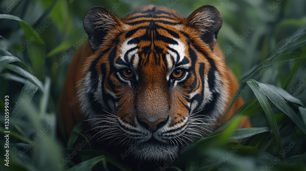 Fototapeta premium Majestic tiger staring intensely in a lush green jungle, highlighting strength, power, and wild nature