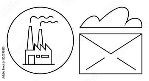 Factory building with smokestacks enclosed in a circle next to an envelope topped by a cloud. Ideal for industry, communication, cloud storage, digital transformation, logistics, automation