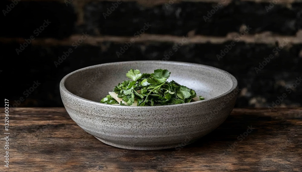 Grey Bowl of Fresh Greens on Wooden Table, Dark Brick Background Grey Bowl of Fresh Greens on Wooden Table, Dark Brick Background