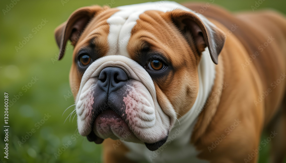 Bulldog Looking Intently in Green Grass Outdoor Setting Close-up Bulldog Looking Intently in Green Grass Outdoor Setting Close-up