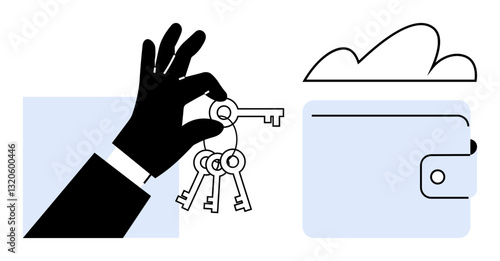 Hand holding multiple keys beside cloud and wallet conveying access, security, storage, privacy, finance, digital tools, key management. Ideal for technology, safety digital solutions finance
