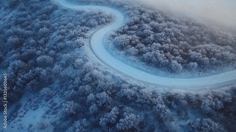Fototapeta premium Serpentine road in a frost-covered woodland, aerial view of a scenic winter journey.