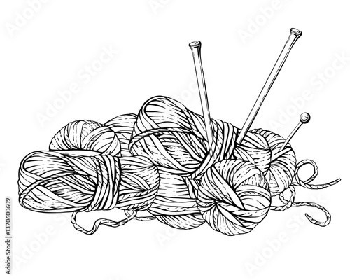 Hobby knitting vector illustration. Skeins of knitting thread, balls of yarn with knitting needles and pins. Hand drawing line art clipart for handmade product label, card. Isolated from background