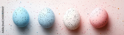 Speckled pastel Easter eggs on colorful dotted background Cute Easter Bunny illustration design, Easter Rabbit and Egg Blank Background, Copy Space, Space For Text