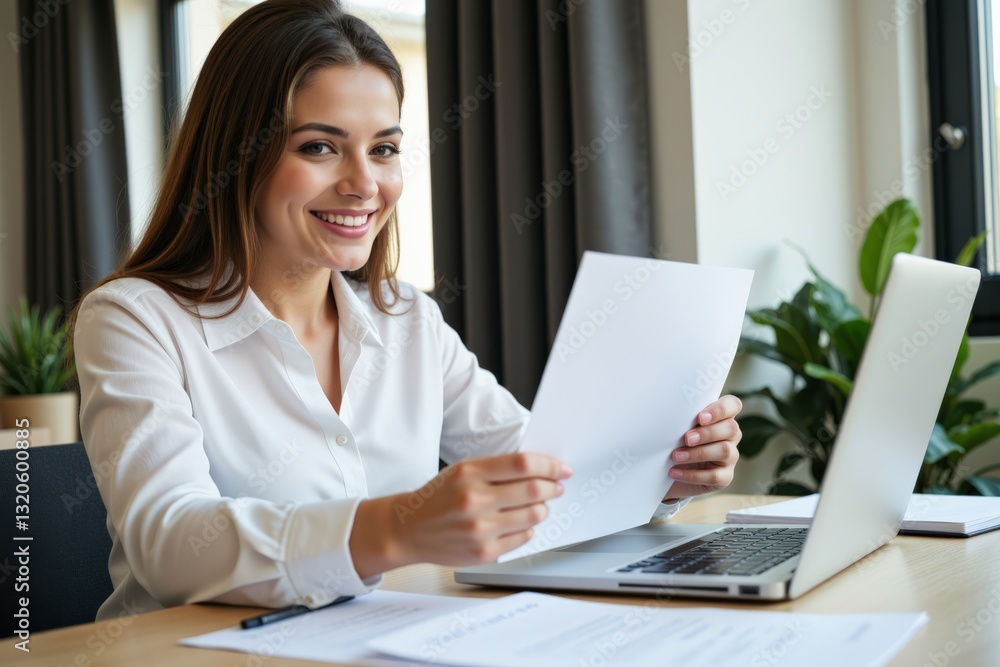Young Woman in Business Attire Smiling at a Desk Full of Papers and Laptop in a Modern Office Space, Demonstrating Confidence and Professionalism Young Woman in Business Attire Smiling at a Desk Full of Papers and Laptop in a Modern Office Space, Demonstrating Confidence and Professionalism