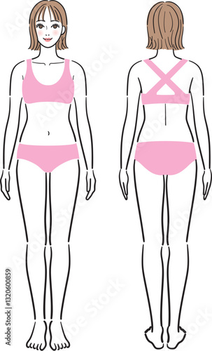 女性の全身　正面と後ろ姿のセット