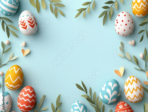 Easter eggs and leaves on pastel blue background Cute Easter Bunny illustration design, Easter Rabbit and Egg Blank Background, Copy Space, Space For Text