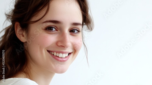 Wallpaper Mural Young woman smiling warmly, casual style, soft light, white background. Radiant simplicity and genuine joy.
 Torontodigital.ca