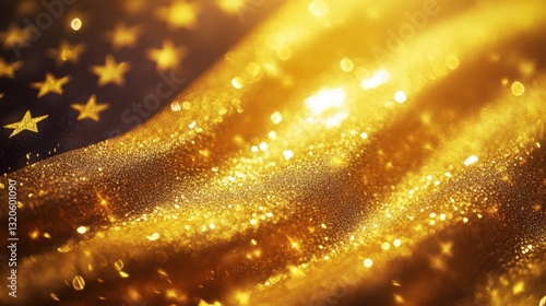 Shimmering gold American flag with sparkling stars, waving in the wind, highlighted by warm golden lighting.