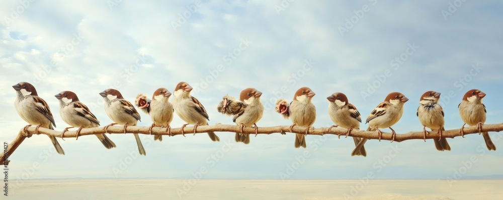 Fototapeta premium A group of birds of the sparrow variety perched on a branch